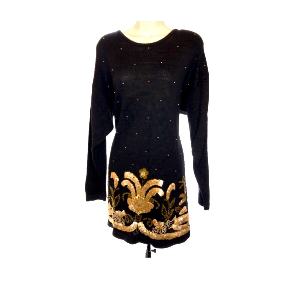 Vintage Black Gold Sequin Sweater Dress Medium